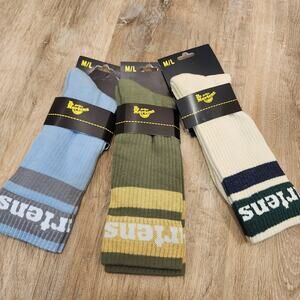 Dr Martens Athletic Logo Socks M L Khaki Blue Green Cotton Blend Stripe Mid Calf